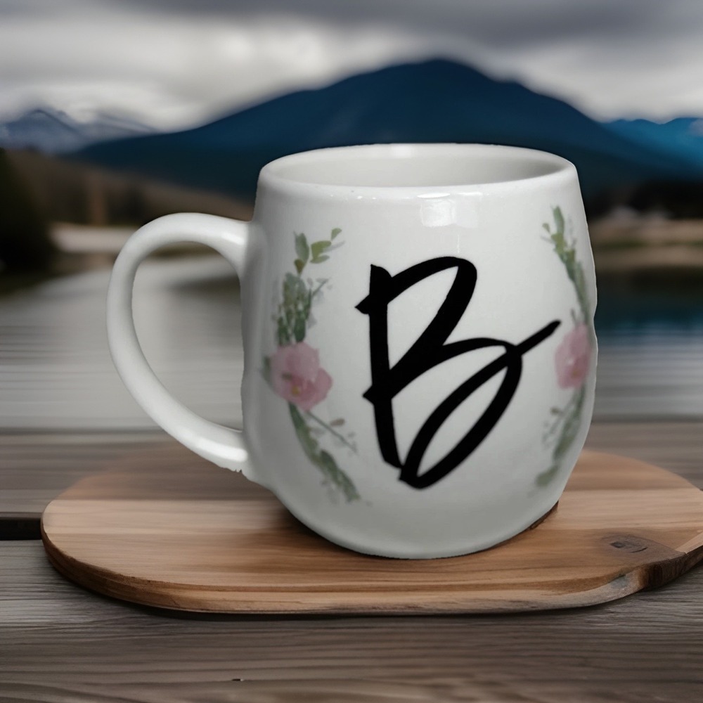 Coffee Mug Cup Letter Initial B Prima Design White Black‎ Pink Flowers Monogram